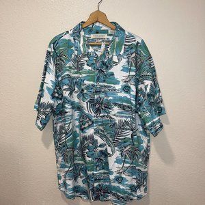 Island Republic Hawaiian Shirt Mens 2XL Green Blue Floral Tropical Short Sleeve